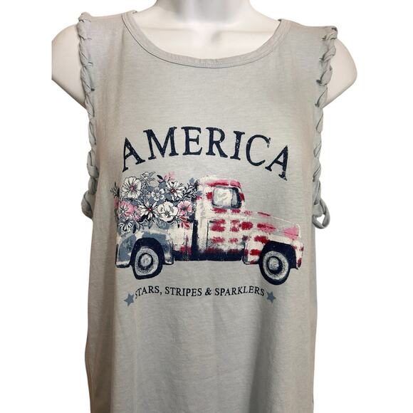 Womens Maurices America Patriotic Tee Sz M Sleeveless Truck T-Shirt Blue Tank - Picture 4 of 10